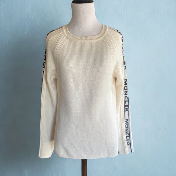 Moncler Sweaters - AUTHENTIC Moncler Logo Tape Pullover Sweater - Cream/Ivory